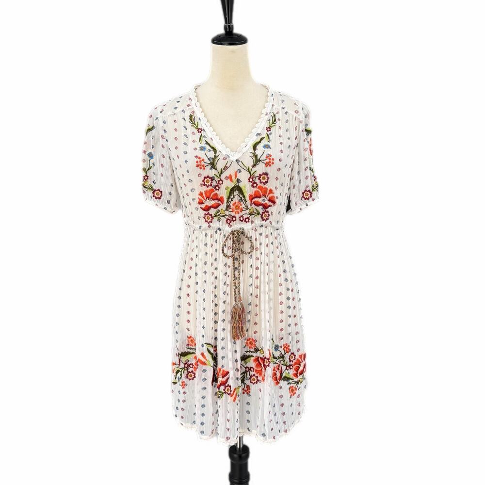 Meadow Rue Anthropologie White Sheer Short V-neck Embroidered Floral Mini Dress